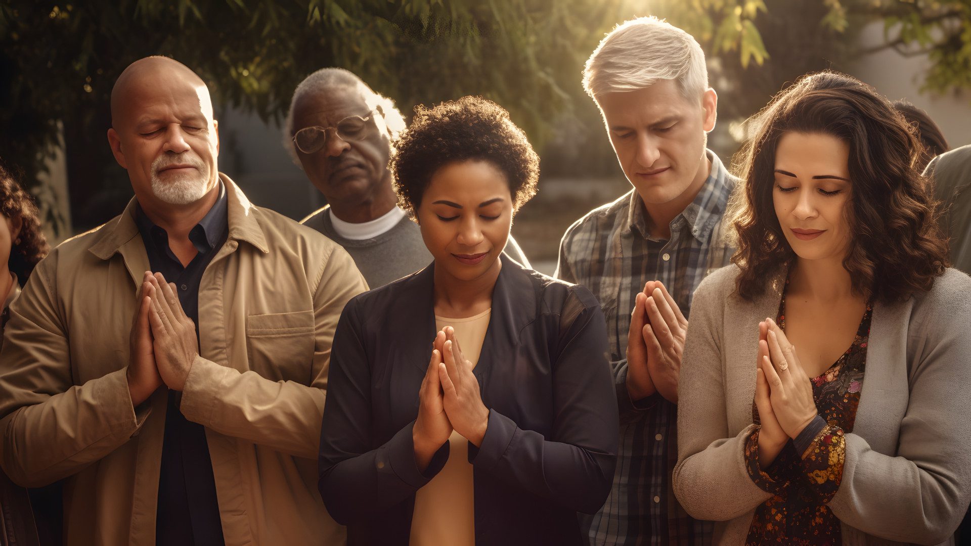 A group of adults praying together.